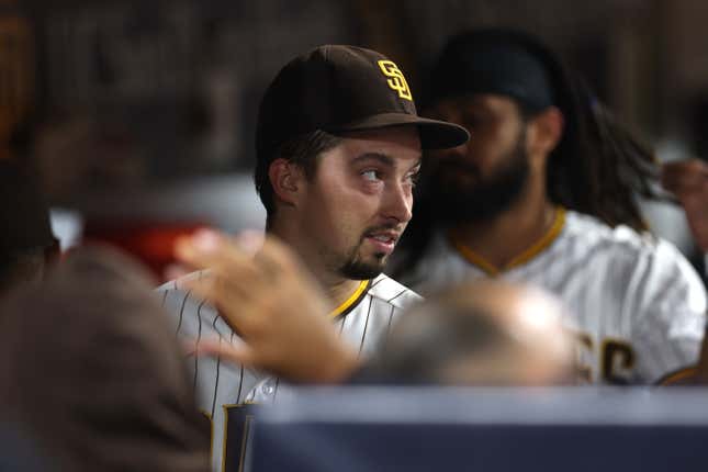 SAN DIEGO, CALIFORNIA - SEPTEMBER 19: Blake Snell #4 of the San Diego Padres reacts from the dugout after throwing seven hitless innings a game against the Colorado Rockies at PETCO Park on September 19, 2023 in San Diego, California. (Photo by Sean M. Haffey/Getty Images)