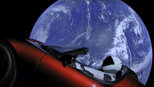 Starman, seen getting excellent range in his Tesla Roadster.