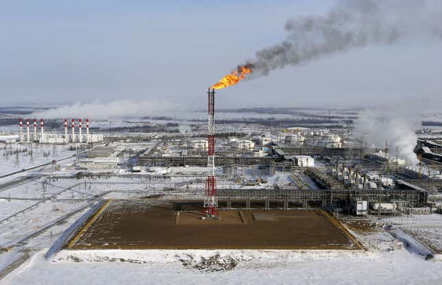 A flame burns from a tower at Vankorskoye oil field owned by Rosneft company north of the Russian Siberian city of Krasnoyarsk.