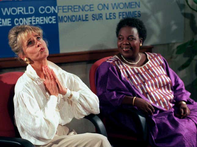 American actress Jane Fonda jokes with Gertrude Mongella, secretary-general of the United Nations fourth world conference on Women in Beijing.