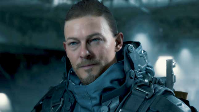 Sam Porter Bridges (played by Norman Reedus) looks at something offscreen in Death Stranding.