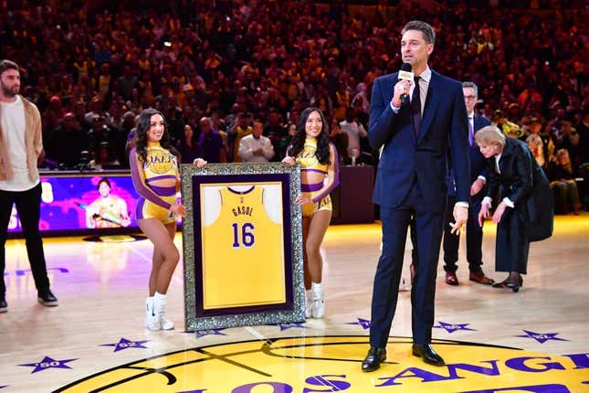 Mar 7, 2023; Los Angeles, California, USA; Former Los Angeles Lakers player Pau Gasol speaks as his number is retired during halftime at Crypto.com Arena.