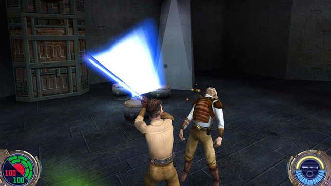 A screenshot from Jedi Outcast showing Kyle killing a pirate with a lightsaber. 
