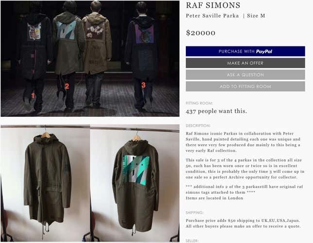 Screenshot of the Grailed listing for three Raf Simons parkas