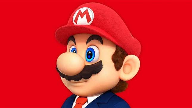 Mario stares off screen while wearing a dark blue business suit. 
