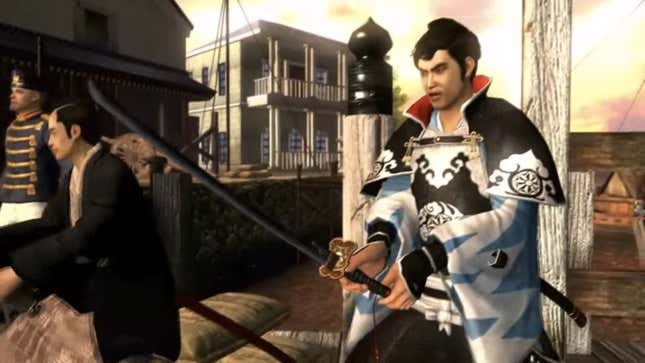 A fancy-dressed samurai in Way of the Samurai 4 is drawing his blade in preparation for battle.