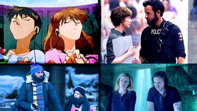 Clockwise from top left: Neon Genesis (Photo: Netflix); Carrie Coon and Justin Theroux in The Leftovers (Photo: HBO); Amanda Schull and Aaron Stanford in 12 Monkeys (Photo: Ben Mark Holzberg/Syfy); Himesh Patel and Matilda Lawler in Station 11 (Photo: HBO Max)