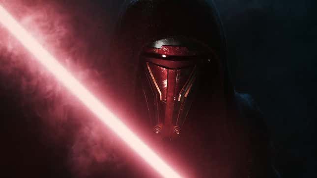 A Star Wars Sith wields a red light saber. 