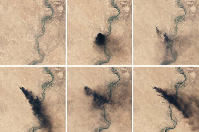 A NASA satellite captured these images of the Qayyarah oil field burning in the summer of 2016.
