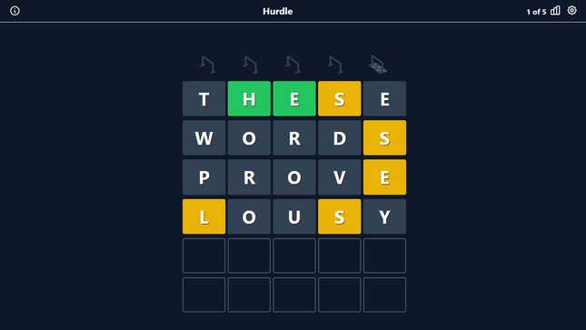 A screenshot of Hurdle, a Wordle clone, showing four guesses out of six.
