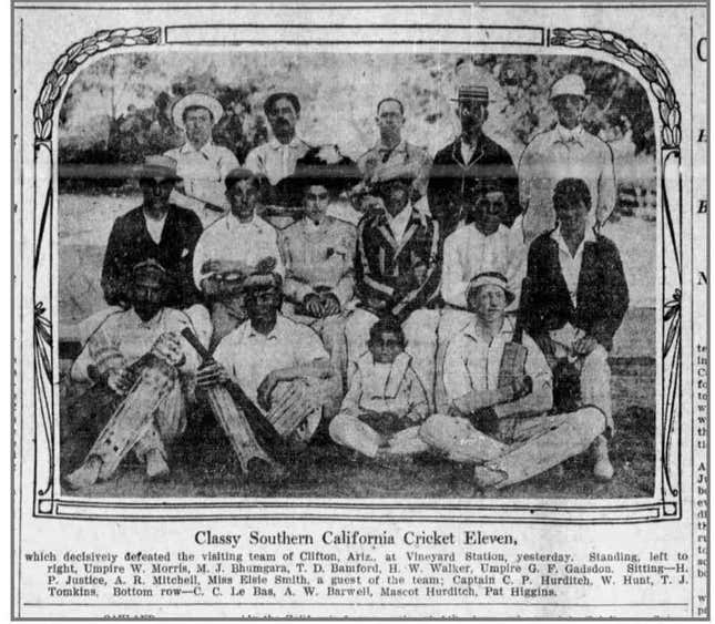 An article that appeared in ‘The Los Angeles Times’ on Aug. 24, 1908, featuring the Southern California Cricket Eleven, that defeated the visiting team of Clifton, Arizona. Standing (top row, second from left) is Bhumgara.