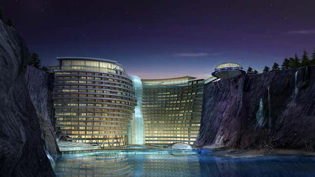 £345million InterContinental Shimao cave hotel in the Songjiang District has been designed by British-based firm Atkins and will have 380 rooms over 19 storeys - two of which will be underwater.