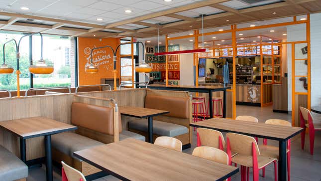 Modern industrial chic type interior of a Popeyes restaurant in Louisiana