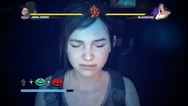 Ellie is seen with her eyes closed imagining playing a fighting game with health bars and button prompts on the screen.