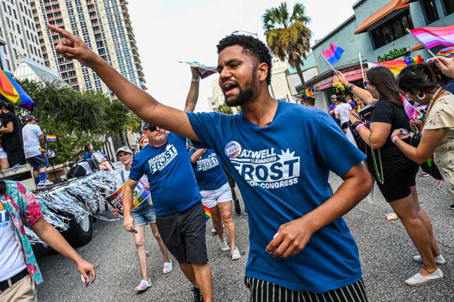 Maxwell Frost, a Democratic candidate for Florida’s 10th Congressional district, participates in the Pride Parade in Orlando, Florida, on October 15, 2022. - Running in a Florida district generally won by his party, his path to the House of Representatives seems all mapped out during the mid-term elections in November