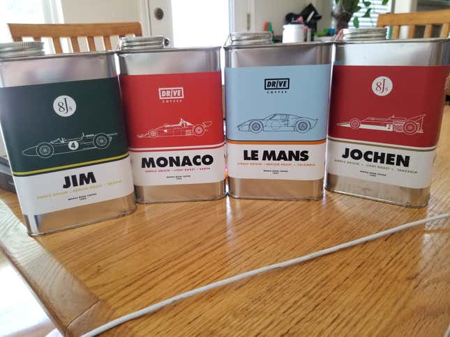 A lineup of four coffees from Drive Coffee. The flavors are Jim, Monaco, Le Mans, and Jochen.