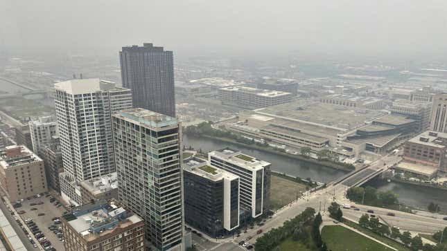 The South Branch of the Chicago River is pictured in downtown Chicago, where the air quality has been categorized “unhealthy” by the U.S. Environmental Protection Agency, on Tuesday, June 27, 2023. 