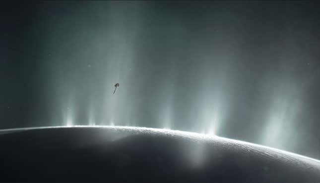 An artist's impression of the Cassini spacecraft flying through the plumes of Enceladus.