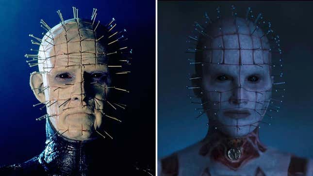 Pinhead from the 1987 “Hellraiser,” left, and from Hulu’s latest reboot. 
