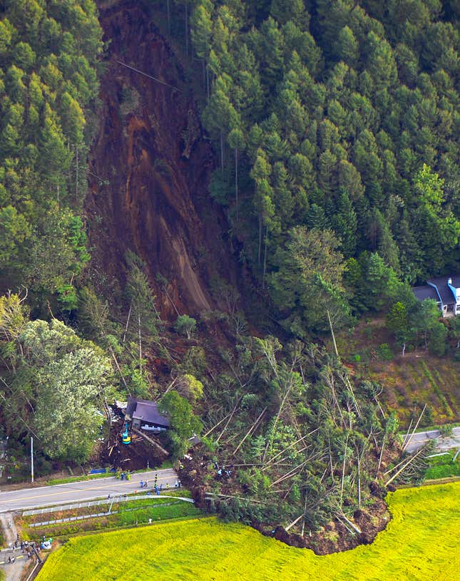 An aerial photo shows the aftermath of a large landslide that occurred after an earthquake hit Atsuma in Hokkaido.