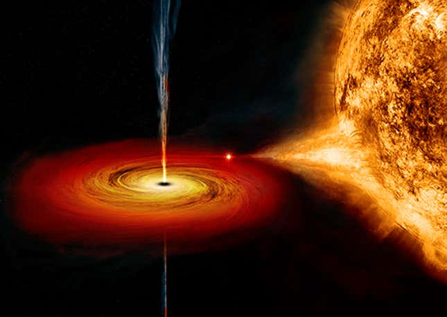 A black hole ejects material perpendicular to the disk of material around it.
