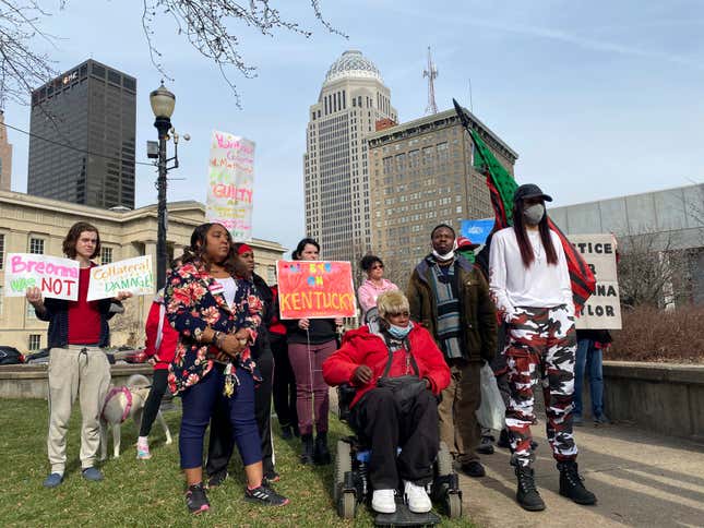 Demonstrators listen to speeches at a rally at Jefferson Square Park in downtown Louisville, Ky., Friday, March 4, 2022. A day earlier, a jury cleared former Louisville police Officer Brett Hankison of charges that he endangered neighbors when he fired shots into an apartment during the 2020 drug raid that ended with Breonna Taylor’s death. 