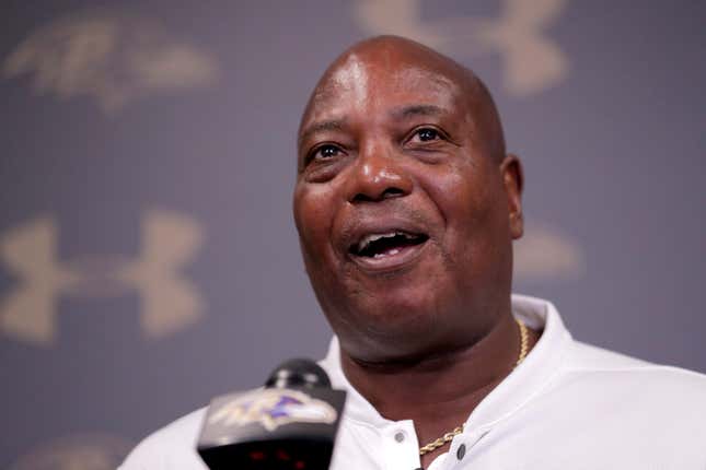 Former Baltimore Ravens general manager Ozzie Newsome speaks about fullback Vonta Leach speaks to reporters during a news conferencing announcing Leach is retiring from NFL football as a Raven, Friday, July 26, 2019, in Owings Mills, Md.
