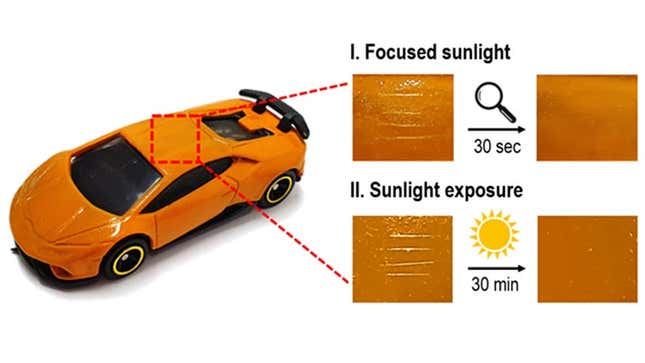 “Superficie autorreparable de un modelo de automóvil después de rayarlo cuando se expone a la luz solar enfocada con una lupa (arriba) ,o a la luz solar directamente (abajo)”.
