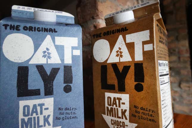 Oatly oat milk and chocolate oat milk.
