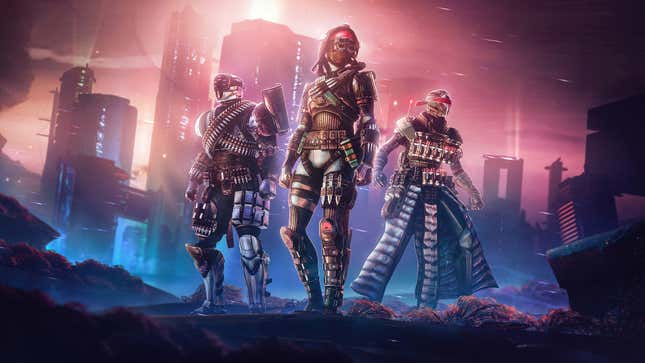 Three guardians are seen standing in front of a city.