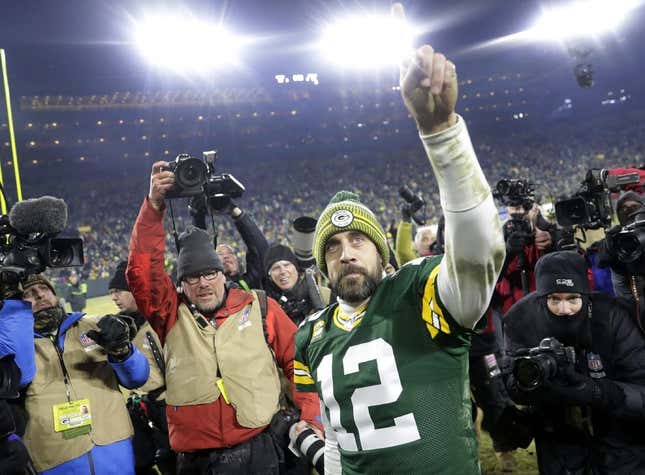 Green Bay Packers quarterback Aaron Rodgers (12) leaves the field following the Packers&#39; victory over the Seattle Seahawks during their NFC divisional round playoff football game on Sunday, January 12, 2020, at Lambeau Field in Green Bay, Wis. Green Bay defeated Seattle 28-23.

Apc Packers Vs Seahawks 2210 011220 Wag