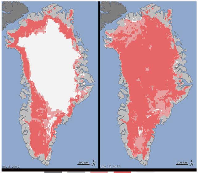 During a week in the summer of 2012, Greenland’s ice cap went from melting on its periphery to melting over its entire surface
