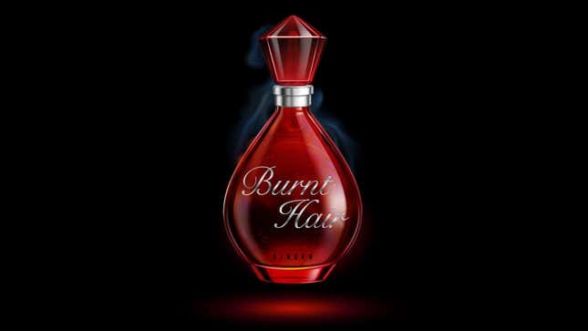 An image of a red perfume bottle titled "Burnt Hair."