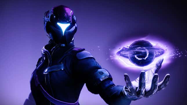 A Destiny 2 Void Warlock holds a black hole in the palm of her hand.