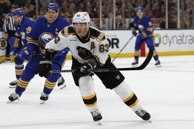 Dec 31, 2022; Boston, Massachusetts, USA; Boston Bruins left wing Brad Marchand (63) during the third period against the Buffalo Sabres at TD Garden.