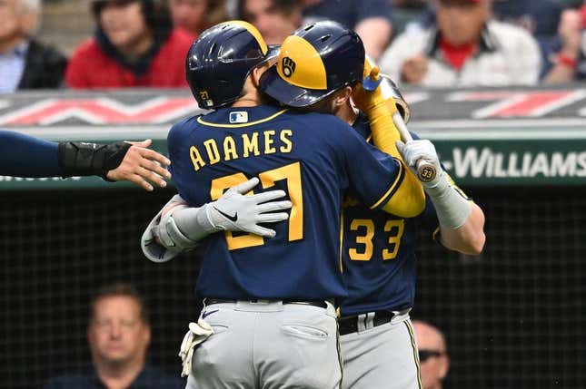 Jun 23, 2023; Cleveland, Ohio, USA; Milwaukee Brewers shortstop Willy Adames (27) celebrates with designated hitter Jesse Winker (33) after hitting a home run during the sixth inning against the Cleveland Guardians at Progressive Field.