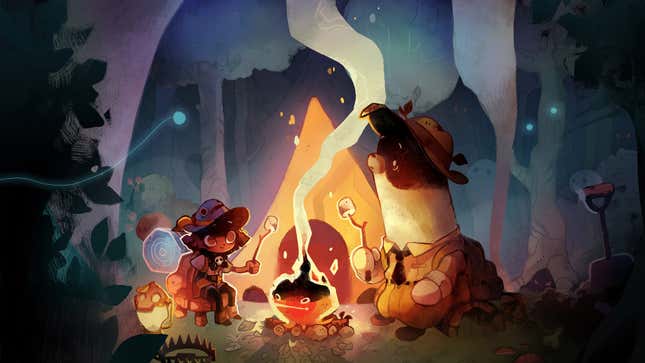 An image of a Spirit Scout you play as in Cozy Grove sitting by a fire with a bear roasting marshmallows.