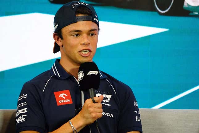 May 4, 2023; Miami Gardens, Florida, USA;  AlphaTauri driver Nyck De Vries (21) of Netherlands talks with the media during a breakout media session at Miami International Autodrome.