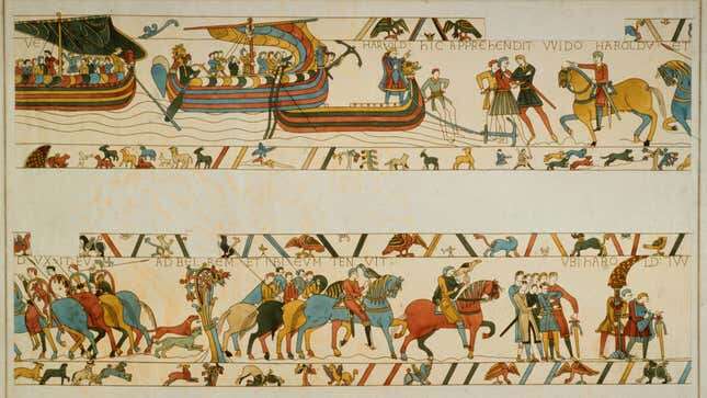 Two tapestry panels depict the army of future King Harold II of England landing in Normandy with 11 horses.