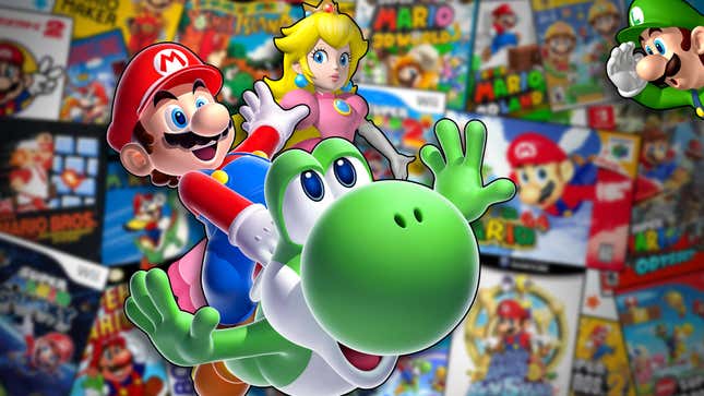 Mario, Peach, Yoshi, and Luigi float above dozens of Super Mario-series games.