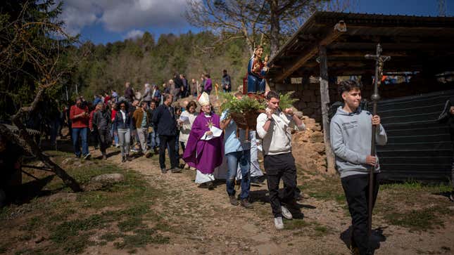 A procession with a replica of the Our Lady of the Torrents, a virgin historically associated with drought, on March 26, 2023 in Spain. 