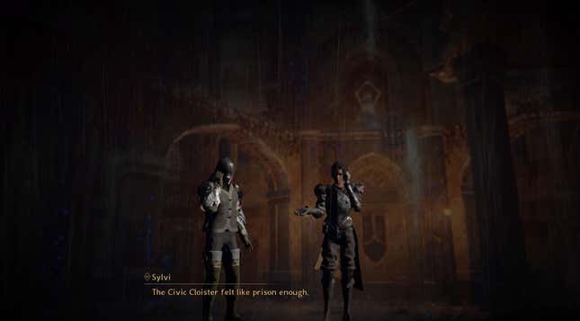 Two Babylon's Fall characters stand in front of a blurry backdrop pantomiming the fan wiki.