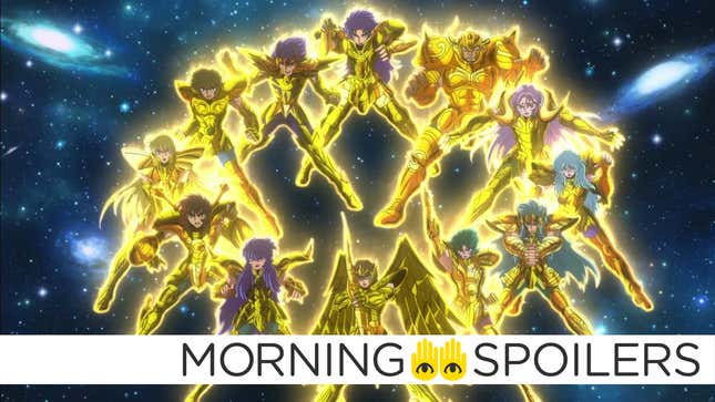 With space in the background, 12 gold-armored saints come together in a circle to power up a cosmic attack in the Saint Seiya web anime soul of gold. 