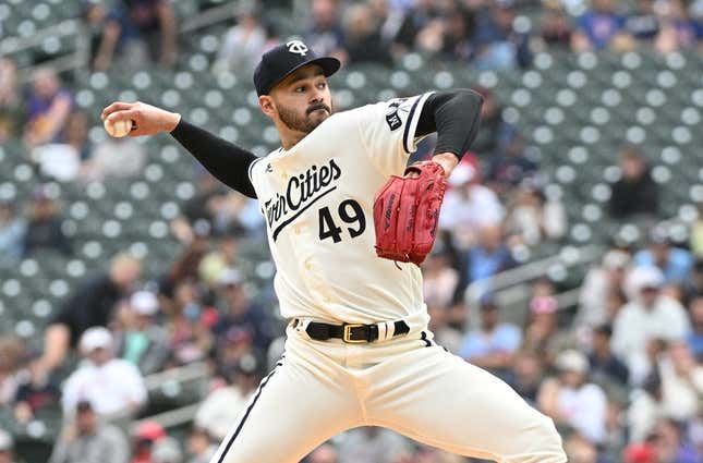 Sep 10, 2023; Minneapolis, Minnesota, USA; Minnesota Twins starting pitcher Pablo Lopez (49) delivers a pitch against the New York Mets in the second inning at Target Field.