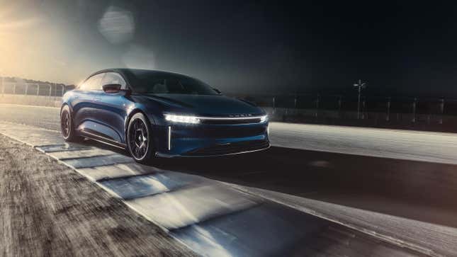 A Lucid Air Sapphire going around a corner at a racetrack