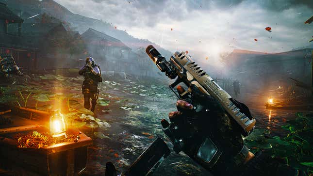 a first-person shooter player points a gun at a soldier - bright memory infinite at e3 2021