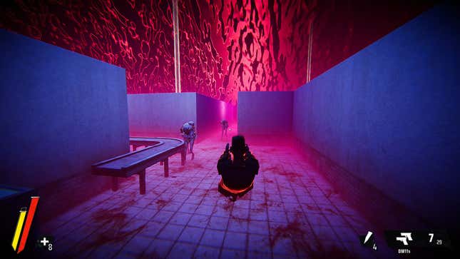 A screenshot shows James diving and shooting at enemies in a neon colored hallway.