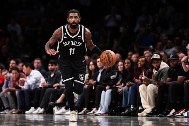 NEW YORK, NEW YORK - NOVEMBER 01: Kyrie Irving #11 of the Brooklyn Nets brings the ball up the court during the third quarter of the game against the Chicago Bulls at Barclays Center on November 01, 2022, in New York City.