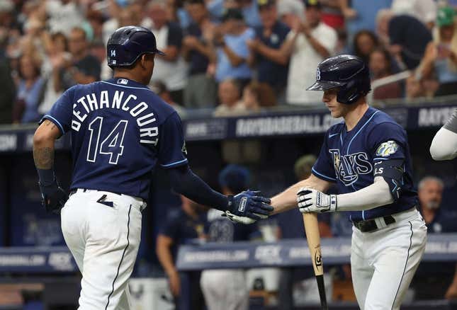 May 20, 2023; St. Petersburg, Florida, USA;  Tampa Bay Rays catcher Christian Bethancourt (14) is congratulated after hitting a home run during the fourth inning against the Milwaukee Brewers at Tropicana Field.