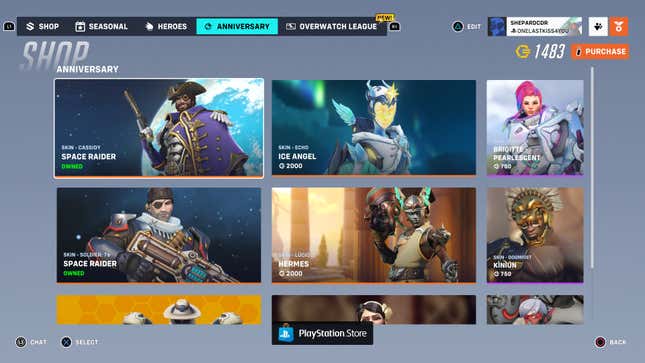 The Overwatch 2 shop shows skins for sale in the Anniversary tab.